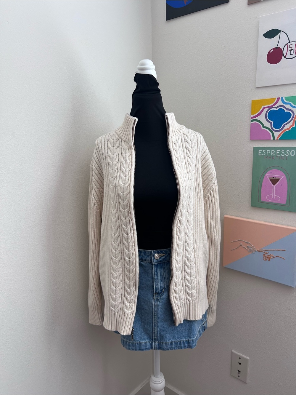 Vintage Lands’ End Cable Knit Zip Up Sweater Cottagecore XL